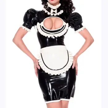 Фетиш, 100% латекс, жевательная резинка, Женское черное Белое украшение, сексуальное платье, кружевной дизайн, косплей, Размер S-XXL 0,4 мм
