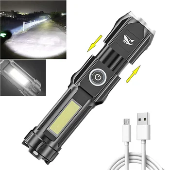 USB Перезаряжаемый светодиодный фонарик Mini COB Torch Водонепроницаемый фонарь для кемпинга с зумом, 4 режима, Мощный фонарь для Рыбалки, Велосипедные фары