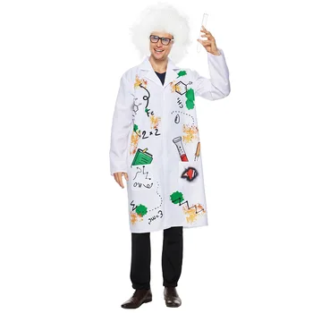 Забавный костюм ученого для Косплея для взрослых и детей, Белая куртка Научного Гика с париком, Забавный комплект одежды для вечеринки на Хэллоуин, Детский День
