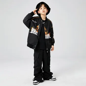 Детская крутая одежда в стиле хип-хоп, куртка с принтом пламени, Топ, Черные Повседневные брюки-карго с карманами и пряжкой для девочек и мальчиков, Костюм для джазовых танцев, одежда