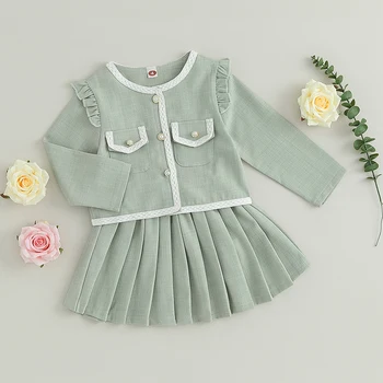 Комплект детской юбки для девочек с милдауном, жакет в стиле пэчворк с длинными рукавами и пуговицами, плиссированная юбка, Комплекты из 2 предметов