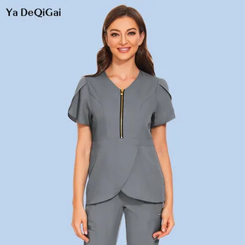 Женская однотонная униформа медсестры, топы с коротким рукавом и V-образным вырезом, рубашка-скраб большого размера для работницы медицинской клиники, одежда