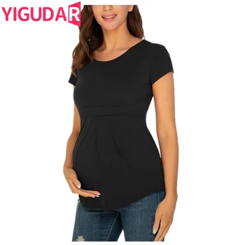 Новая одежда для беременных, женские топы с круглым вырезом и коротким рукавом, однотонные асимметричные топы с клапаном, повседневная футболка для грудного вскармливания