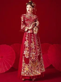 Традиционное Китайское Свадебное платье 2021 Года с Цветочной Вышивкой для Невесты, Классический Китайский воротник-стойка, Китайское Свадебное платье