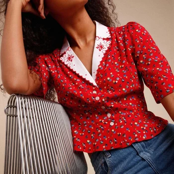 Женская Рубашка с Отложным воротником в стиле Ретро с вышивкой и Принтом 2023, Новая Женская Однобортная блузка с короткими рукавами
