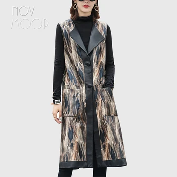 Novmoop, длинный жилет из натуральной кожи, пальто из овчины с принтом перьев, Chaleco largo de cuero para mujer LT3248