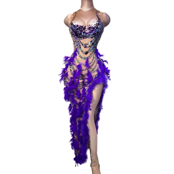 Сексуальное платье из фиолетовых страз и перьев для ночного клуба, Женское платье без рукавов для вечеринки, Платье на День рождения, Костюм Певицы для выступлений на сцене