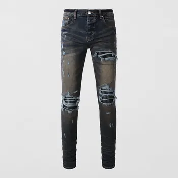 Высокие уличные модные мужские джинсы в стиле ретро, промытые Эластичные эластичные обтягивающие рваные джинсы, Мужские кожаные дизайнерские брюки в стиле хип-хоп с заплатками