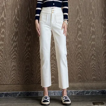 Белые прямые женские джинсы с высокой талией, карманы, жемчужные Джинсовые шаровары длиной до щиколотки, Корейские пуговицы, Свободные брюки Jean 6005