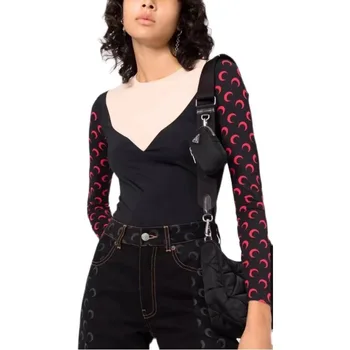Спотовый Осенний новый Женский Сексуальный Топ для самосовершенствования, нижняя рубашка с принтом Луны, Модный эластичный женский топ с длинными рукавами