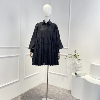 Новая коллекция, высококачественное Однотонное черное белое Платье с длинным рукавом-фонариком в стиле пэчворк, Женское Свободное мини-платье-рубашка в повседневном стиле