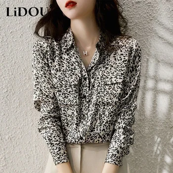 Весенне-осенняя Элегантная модная шифоновая рубашка с круглым вырезом и леопардовым принтом, Топ, Женская Свободная повседневная универсальная блузка, трендовый кардиган
