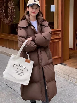 Женское Длинное Пуховое пальто С капюшоном, Зимняя Удлиненная пуховая куртка-кокон на молнии, Верхняя одежда