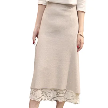 Однотонная осенне-зимняя Шерстяная вязаная юбка с высокой талией, Кружевные Юбки Трапециевидной формы Миди в стиле пэчворк для женщин