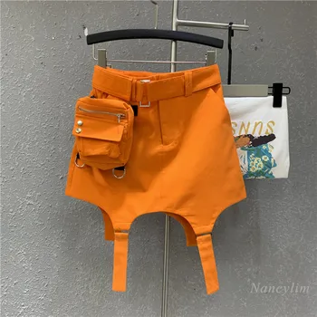 Оранжевая юбка Harajuku, Женская Летняя новинка 2023, Повседневные спортивные юбки с высокой талией, Сексуальные короткие мини-юбки Jupe Femme с поясом