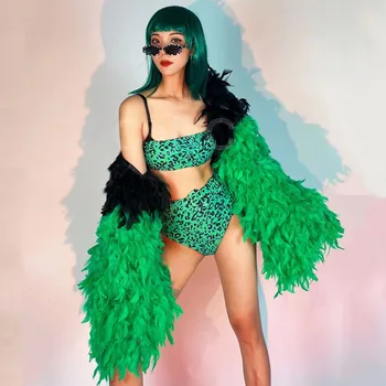 Сексуальное Зеленое Леопардовое Бикини С рукавом-шалью из перьев, Танцевальный костюм Для женщин, Ведущая Танцовщица Бара, ночного клуба, Одежда для выступлений DJ DS Rave
