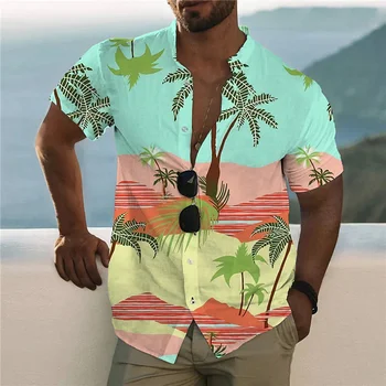 2023 Хлопчатобумажные Летние Рубашки Мужская Гавайская Рубашка Повседневная Уличная Мода С Короткими Рукавами Кокосовая Пальма Пляжный Отдых Вечеринка Мужская Рубашка