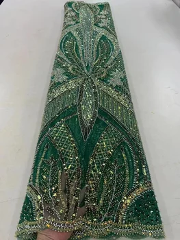 Новейшие великолепные зеленые африканские бусины ручной работы, Кружевные ткани, Роскошные нигерийские блестки, Сетчатая кружевная ткань для вечернего платья