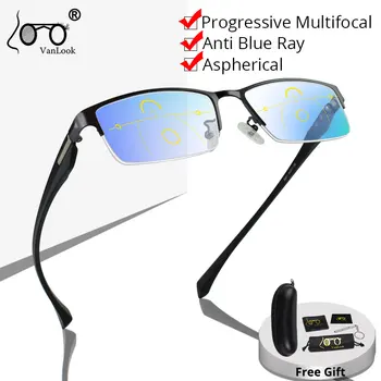 Прогрессивные мультифокальные очки для чтения для мужчин с защитой от синего излучения, Металлические прямоугольные очки в полурамке +125+175+225+275