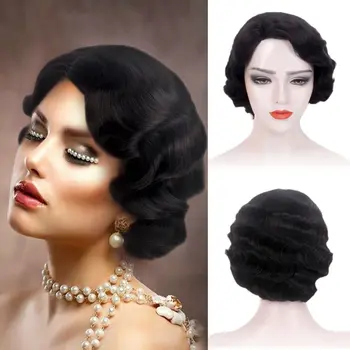Черные парики 1920-х годов для женщин, парик из натуральных синтетических волос с волнистостью пальцев, Косплей Костюм, Парики для тематических вечеринок 20-х годов, Короткий парик-хлопушка