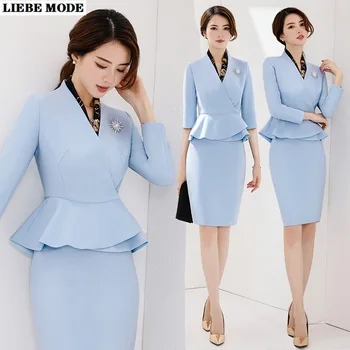 Дизайн офисной формы, комплект из блейзера и юбки с рюшами, официальный костюм в корейском стиле для женщин, деловой сине-белый костюм с юбкой, рабочая одежда
