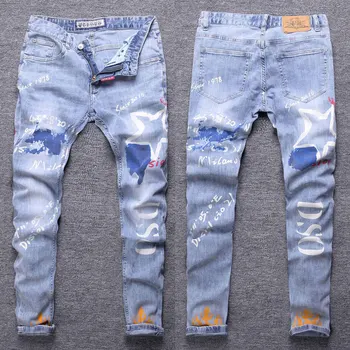 Уличная мода, мужские джинсы, ретро, светло-голубые, приталенные, рваные джинсы, мужские брюки в стиле панк, дизайнерские джинсовые брюки в стиле хип-хоп с принтом, Hombre