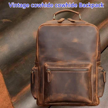 Винтажный рюкзак из натуральной воловьей кожи, мужской и женский рюкзак, кожаный дорожный рюкзак большой емкости, 14-дюймовая сумка для компьютера