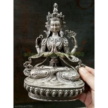 Тибетская Серебряная Мандала Будды с 4 Руками, Статуя Дракона Ченрезиг Гуаньинь