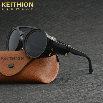 KEITHION, Мужские очки в стиле стимпанк, Солнцезащитные очки, Женские ретро-оттенки, Модная кожа С боковыми щитками, Круглые солнцезащитные очки UV400
