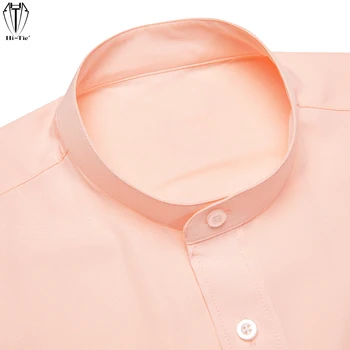 Hi-Tie Однотонные мужские рубашки из Туманно-Розового Шелка с длинным рукавом, куртка с воротником-стойкой, рубашка, Элегантная легкая летняя Весенняя однотонная мужская блузка