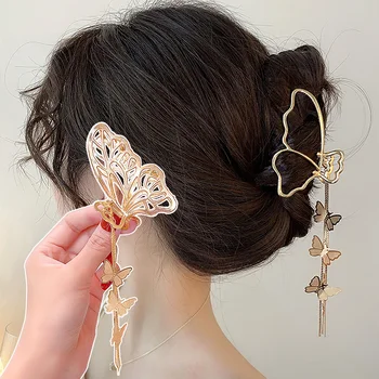 Винтажный Металлический Коготь-бабочка для волос, Нескользящие Элегантные Золотистые Геометрические Заколки-крабы для волос с кисточкой-бабочкой, Аксессуары для волос для девочек