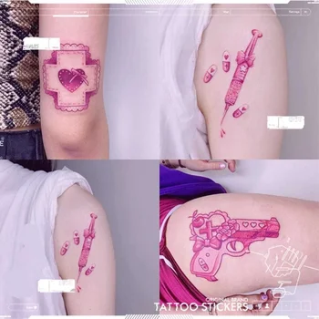 Милая Розовая комбинация Оружия, временная татуировка, рука, нога, водонепроницаемая поддельная Татуировка, Женская наклейка, Татуировка Большого размера