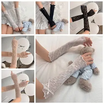 Длинные Перчатки с бантом, варежки без пальцев, кружевные перчатки Y2k для Для женщин, для девочек, JK Лето