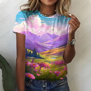 2023 Женская футболка с красивым пейзажным принтом, Классическая простая футболка, Свободная повседневная футболка, Летняя новая футболка с круглым вырезом