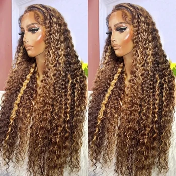 Кудрявый парик медово-русого коричневого цвета с кружевной фронтальной частью, Длинный парик с кружевной фронтальной частью, синтетические волосы, предварительно выщипанные Парики для чернокожих женщин
