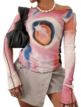 Женский Укороченный топ с графическим принтом, Футболки с круглым вырезом и длинным рукавом, Y2K, Приталенный Пуловер контрастного цвета, Рубашки