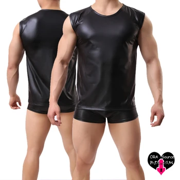 Мужские майки из искусственной кожи, Сексуальные кожаные футболки, костюм для гей-клуба, эротический костюм с широкими плечами, без рукавов, для тренажерного зала, Жилет, футболка, формирователь тела из искусственной кожи