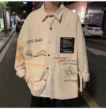 Блузка, мужская винтажная рубашка, осенняя куртка для пары, мужская корейская трендовая рубашка в стиле Харадзюку с длинными рукавами, Повседневная японская модная красивая