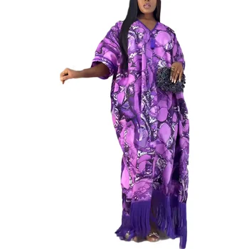 Африканские платья Дашики для женщин, Летнее Элегантное африканское длинное платье из полиэстера с коротким рукавом и V-образным вырезом и кисточками, традиционная одежда