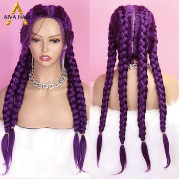 Aiva Hair Фиолетово-черный парик, синтетический парик с косами, синий термостойкий парик с косами, с коробкой для детских волос, Плетеные парики для чернокожих женщин