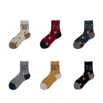 LKWDer 6 Пар Разноцветных жаккардовых шерстяных носков Meias с мультяшными животными, женские осенне-зимние носки, толстые Рождественские носки