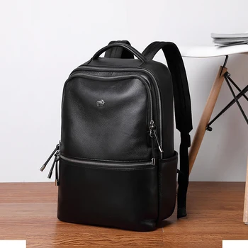 Мужской рюкзак из денима BISON в стиле Ретро из натуральной кожи, деловой рюкзак для путешествий на открытом воздухе, школьный рюкзак из воловьей кожи, Мужская Женская сумка для ноутбука