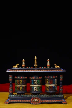 Коллекция Тибетского храма 7 дюймов, Бусины Дзи из старинной бронзы, расписанные драгоценным камнем, Три бочонка, Шестизначные пословицы, молитвенное колесо, Амулет для воспевания