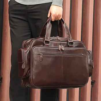Мужской Деловой портфель из мягкой натуральной кожи, Мужская Сумка для ноутбука 15 дюймов, Многофункциональная двухслойная сумка-мессенджер из воловьей кожи для мужчин