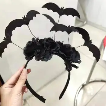 Уникальная повязка на голову в виде летучей мыши с черным цветочным декором, идеально подходящая для вечеринок на Хэллоуин, сценических мероприятий, праздничной атмосферы, аксессуары для волос