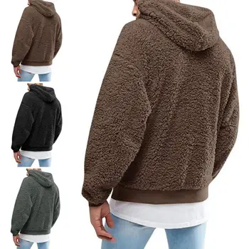 Зимнее мужское однотонное пушистое шерстяное пальто с капюшоном, пуловер, теплая толстовка, Бархатный флисовый мужской свитер с капюшоном
