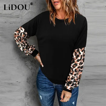 Осенне-зимняя винтажная леопардовая Свободная повседневная футболка в стиле пэчворк, женский универсальный пуловер, Женская удобная футболка, Женская одежда