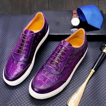 Роскошная фиолетовая повседневная кожаная обувь; мужские ковбойские кроссовки с тиснением под крокодиловую кожу фиолетового и черного цвета; мужские кроссовки на плоской подошве большого размера A19