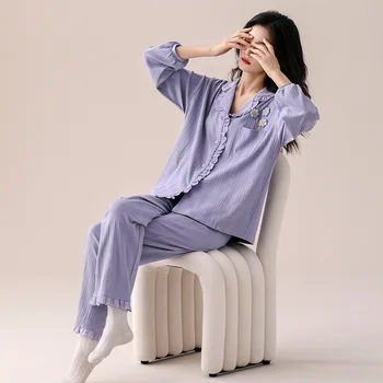 Весенний новый женский пижамный комплект из чистого хлопка с длинными рукавами, милый топ и брюки с цветочной вышивкой, Пижамы, повседневные комплекты для отдыха, Свободная домашняя одежда