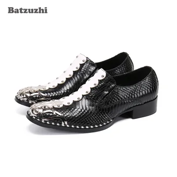 Batzuzhi/ Новые мужские кожаные туфли ручной работы с круглым металлическим носком, черные, белые модельные туфли из натуральной кожи, Мужские официальные деловые туфли!
